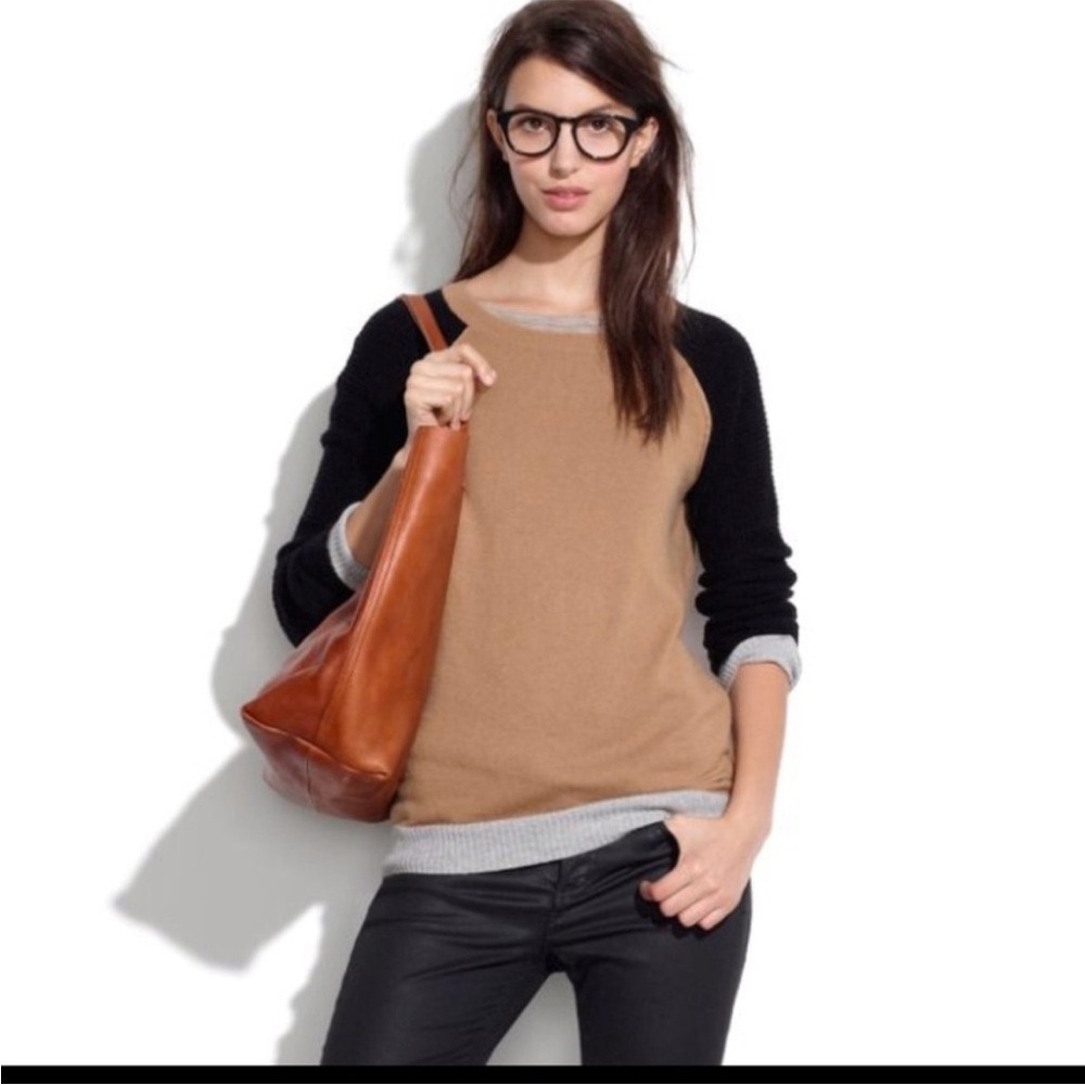 Madewell Womens Waffle Stitch Colorblock Pullover Sweater Tan Black Size Small